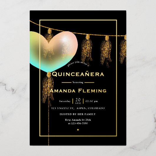 Invitation En Aluminium Arc en ciel et or et Quinceañera noir (Recto)