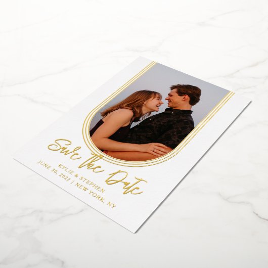Invitation En Aluminium Arc inversé Deux mariage photo Enregistrer la date (Rotation)