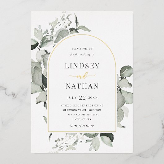 Invitation En Aluminium Arc Mariage moderne Eucalyptus Or (Recto)