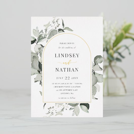 Invitation En Aluminium Arc Mariage moderne Eucalyptus Or (Debout devant)
