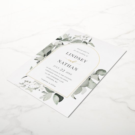 Invitation En Aluminium Arc Mariage moderne Eucalyptus Or (Rotation)
