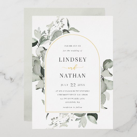 Invitation En Aluminium Arc Mariage moderne Eucalyptus Or (Recto/Verso)