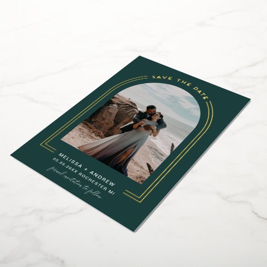 Invitation En Aluminium Arc Minimal Enregistrer La Date Emerald Green (Rotation)
