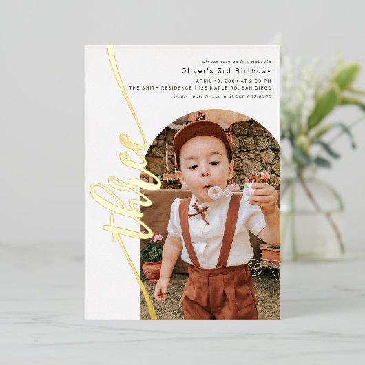 Invitation En Aluminium Arc moderne Photo Script vertical 3e anniversaire (Debout devant)