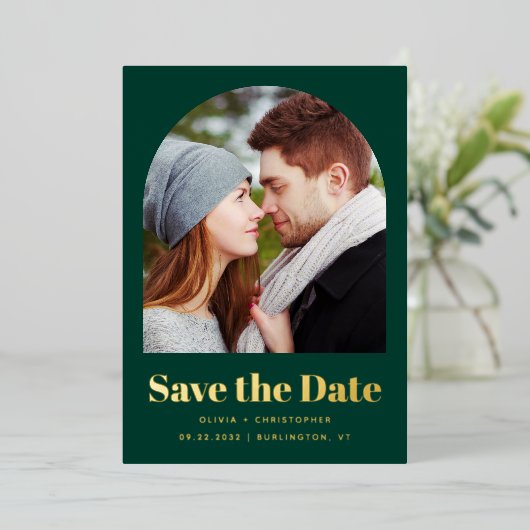 Invitation En Aluminium Arc photo tendance Vert or Enregistrer la date (Debout devant)