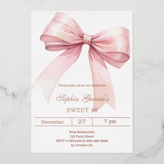 Invitation En Aluminium Arc rose élégant Sweet 16 or rose (Recto)