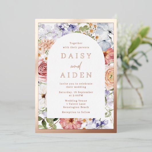 Invitation En Aluminium Arc végétal Mariage Rose or (Debout devant)