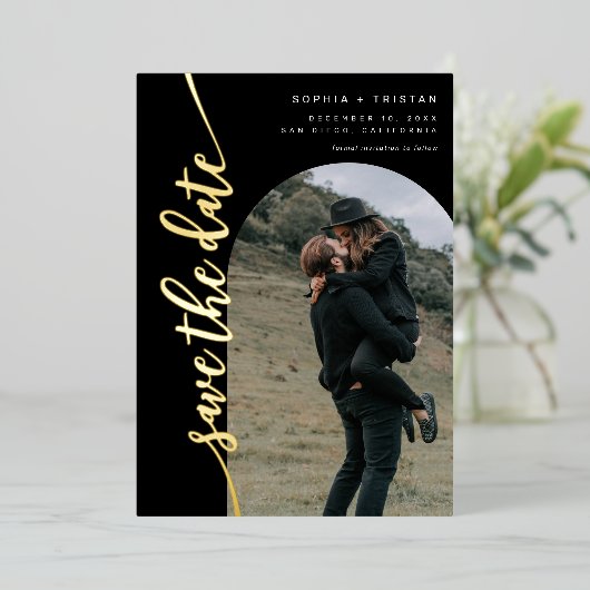 Invitation En Aluminium Arc vertical photo noir Enregistrer la date (Debout devant)