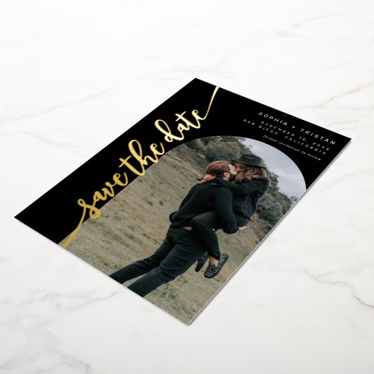 Invitation En Aluminium Arc vertical photo noir Enregistrer la date (Rotation)