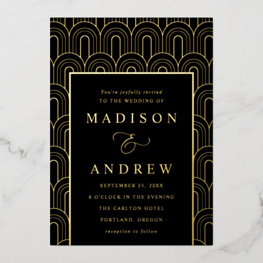 Invitation En Aluminium Arch Déco moderne Mariage noir et or (Recto)