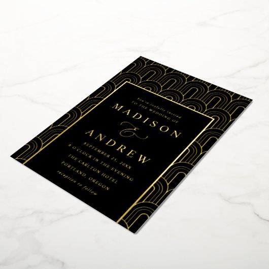 Invitation En Aluminium Arch Déco moderne Mariage noir et or (Rotation)