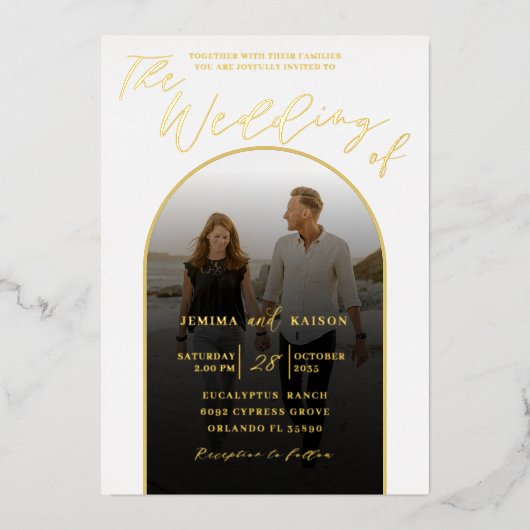 Invitation En Aluminium Arch moderne Gold Foil Script & Mariage photo (Recto)