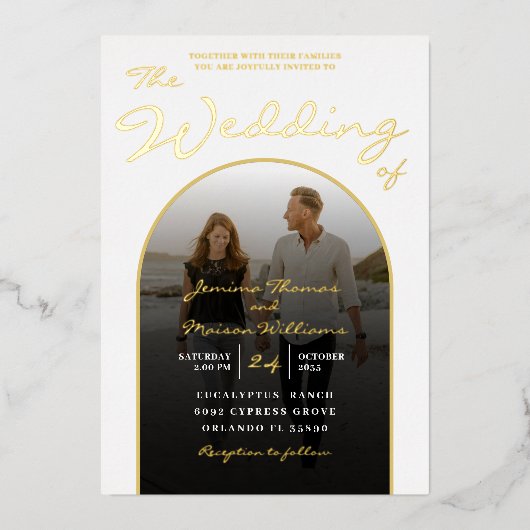 Invitation En Aluminium Arch moderne Gold Foil Script & Photo Mariage Foil (Recto)