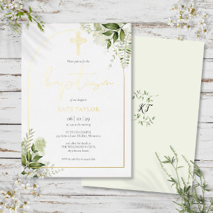 Invitation En Aluminium Arche de baptême à monogramme floral verdure or