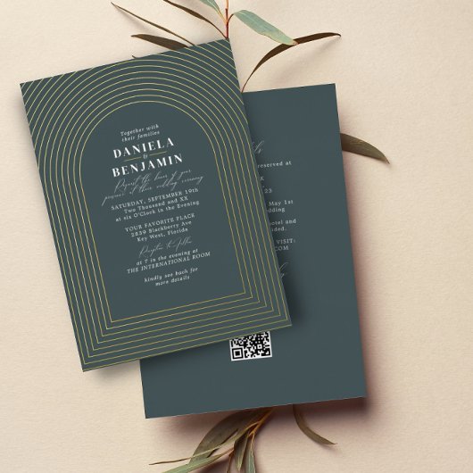 Invitation En Aluminium Arche de mariage vert foncé Boho & Code QR RSVP