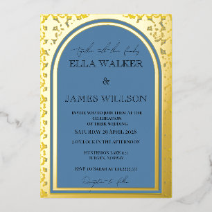Invitation En Aluminium Arche Royale Dorée Jaune et Bleu Poussiéreux (Uni)