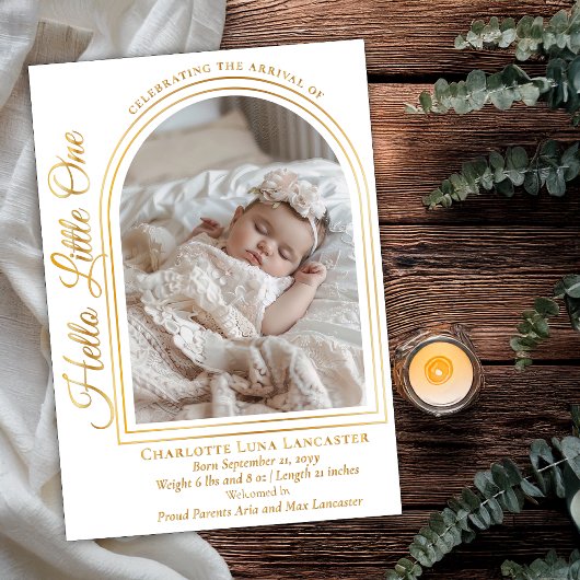 Invitation En Aluminium Arched Photo Elegant Script Birth Announcement