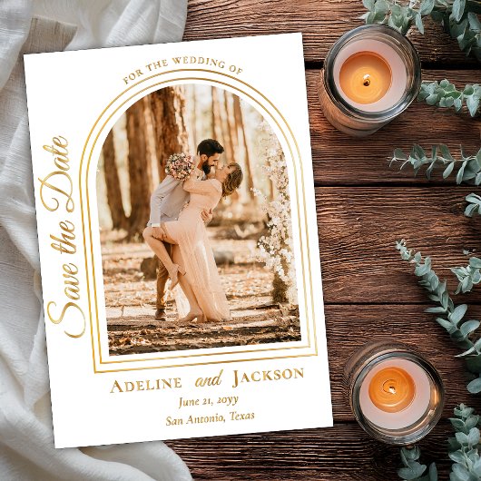 Invitation En Aluminium Arched Photo Elegant Script Save the Date