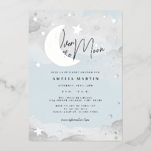 Invitation En Aluminium Argent Bleu Over the Moon Baby Shower Feuille