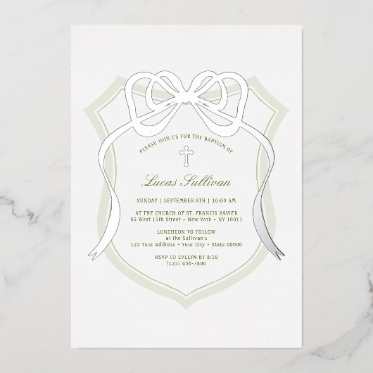 Invitation En Aluminium Argent Bow Sage Green Crest Baptême (Recto)