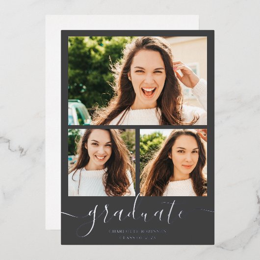 Invitation En Aluminium Argent Gray script 3 photos graduation (Recto/Verso)