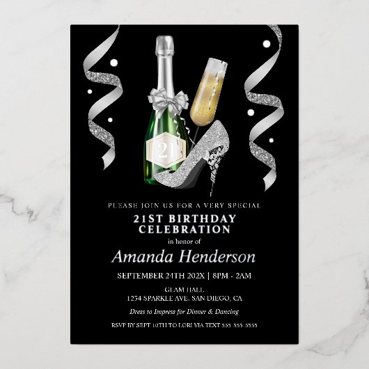 Invitation En Aluminium Argent talons et Champagne Anniversaire des femmes (Recto)