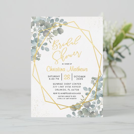 Invitation En Aluminium Arrosage de mariage calligraphié en or eucalyptus  (Debout devant)