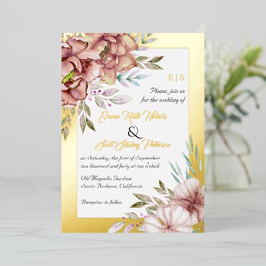 Invitation En Aluminium Arrosage en terre cuite fleurs florales or mariage (Debout devant)