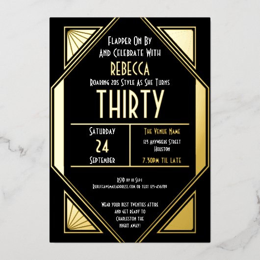 Invitation En Aluminium Art Déco 30e anniversaire Black Gold Real (Recto)