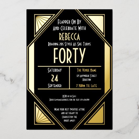 Invitation En Aluminium Art Déco 40e anniversaire Black Gold Real (Recto)
