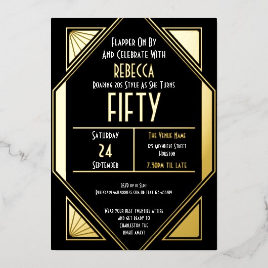 Invitation En Aluminium Art Déco 50e anniversaire Black Gold Real (Recto)