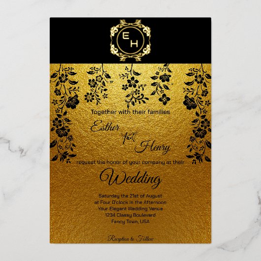 Invitation En Aluminium Art Déco Black Gold Foil Monogramme Classic Mariag (Recto)