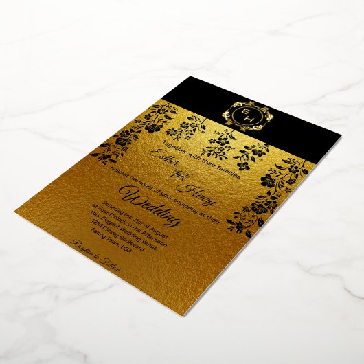 Invitation En Aluminium Art Déco Black Gold Foil Monogramme Classic Mariag (Rotation)