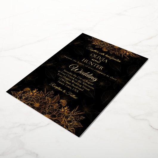 Invitation En Aluminium Art Déco Black Gold Foil Script Mariage classique (Rotation)