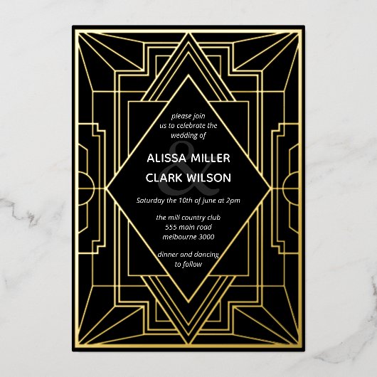 Invitation En Aluminium Art Déco Elégant Mariage Or (Recto)