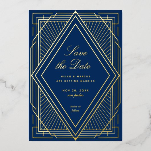 Invitation En Aluminium Art Déco Enregistrer la date Gold (Recto)