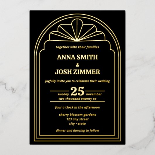 Invitation En Aluminium Art Déco Gatsby Mariage noir & or (Recto)