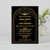 Invitation En Aluminium Art Déco Gatsby Mariage noir & or (Debout devant)