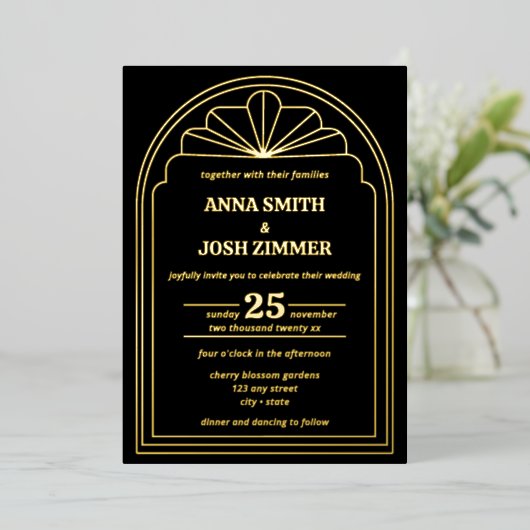 Invitation En Aluminium Art Déco Gatsby Mariage noir & or (Debout devant)