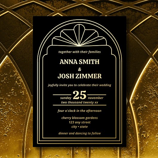 Invitation En Aluminium Art Déco Gatsby Mariage noir & or