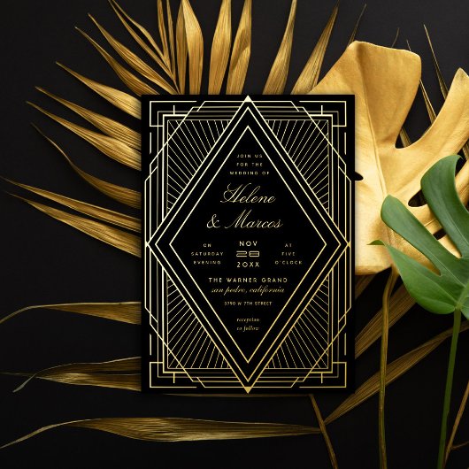 Invitation En Aluminium Art Déco Mariage Diamant Noir et Or