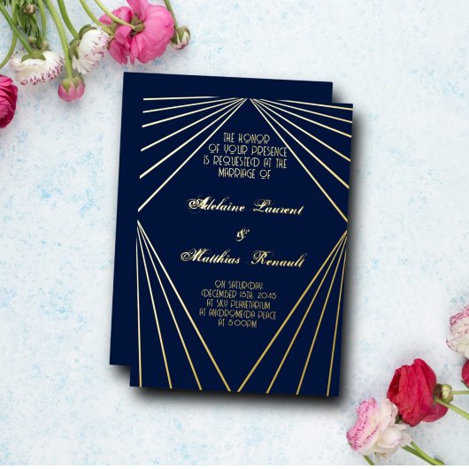 Invitation En Aluminium Art Déco Mariage Marine Bleu et or