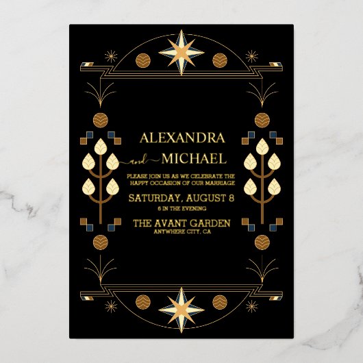 Invitation En Aluminium Art déco moderne Mariage noir et or (Recto)