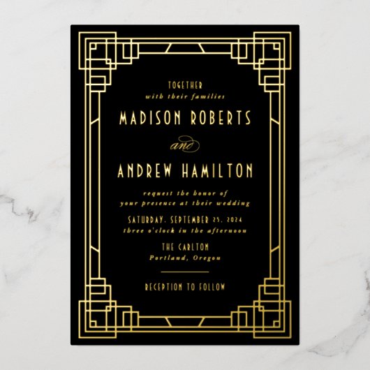 Invitation En Aluminium Art déco moderne Mariage noir et or (Recto)