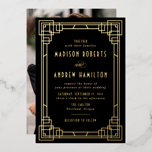 Invitation En Aluminium Art déco moderne Mariage noir et or (Recto/Verso)