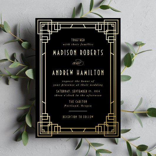 Invitation En Aluminium Art déco moderne Mariage noir et or