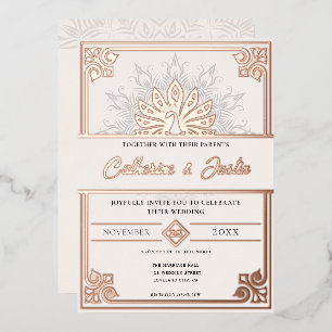 Invitation En Aluminium Art Déco Moderne Paon Mariage Or Rose