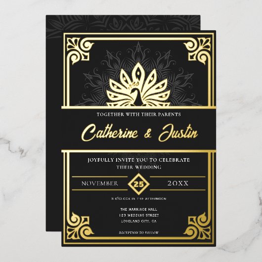 Invitation En Aluminium Art déco moderne Peacock Mariage Gold (Recto/Verso)