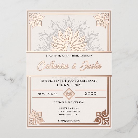 Invitation En Aluminium Art Déco moderne Peacock Mariage Rose or (Recto)