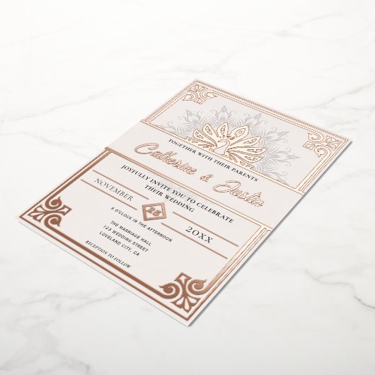 Invitation En Aluminium Art Déco moderne Peacock Mariage Rose or (Rotation)